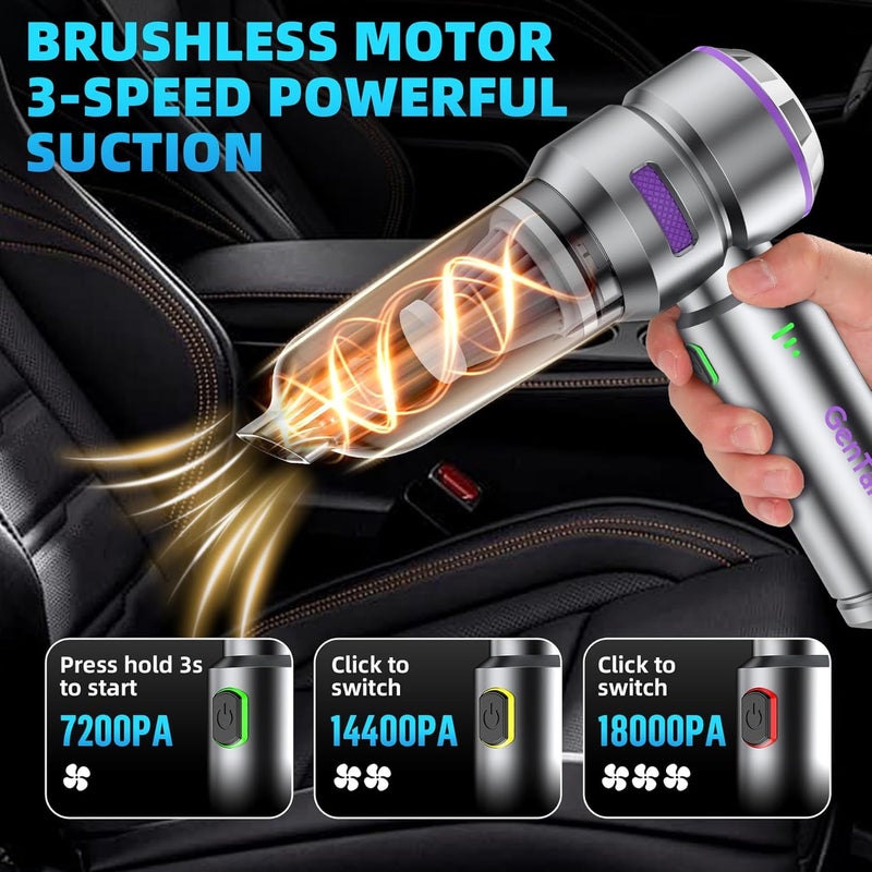 GenTant Car Vacuum Portable Cordless, 18000PA Portable Vacuum Cordless, High Power Air Duster with Brushless Motor, Type-C Charge, 3 in 1 Small Vacuum Cleaner for Car, Home, Office, Pet Hair - Image 2